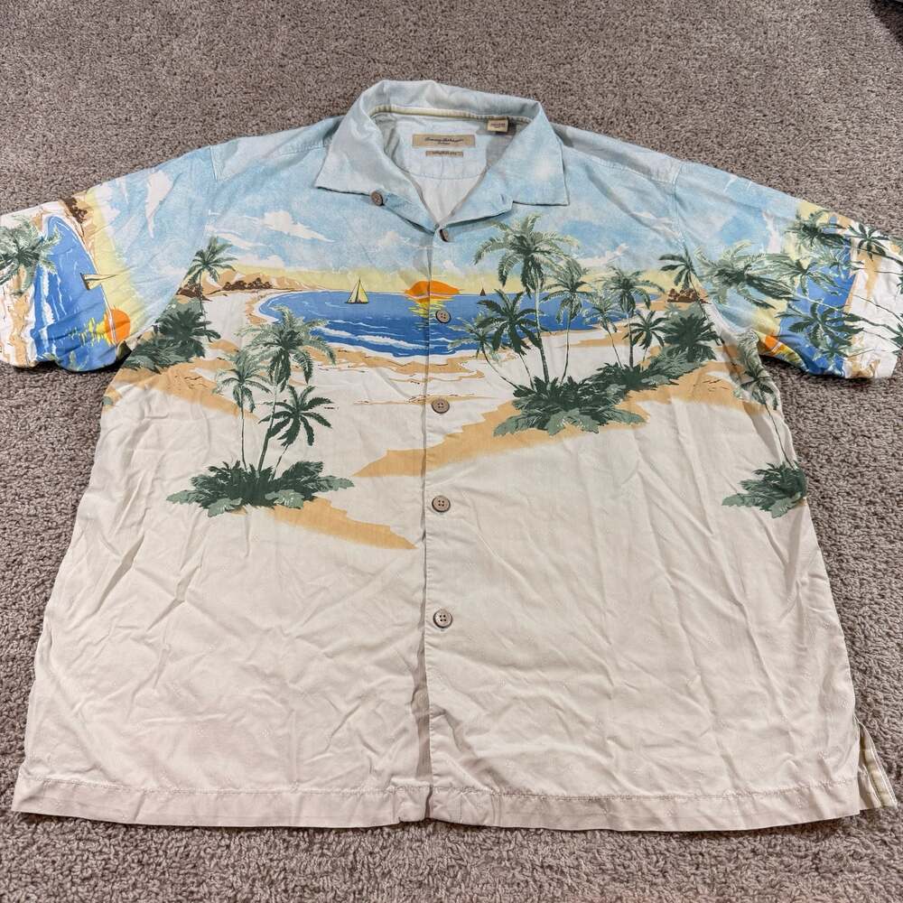Tommy Bahama Original Fit Silk Hawaiian Shirt XXL Beach Scenic Palm Tree Aloha